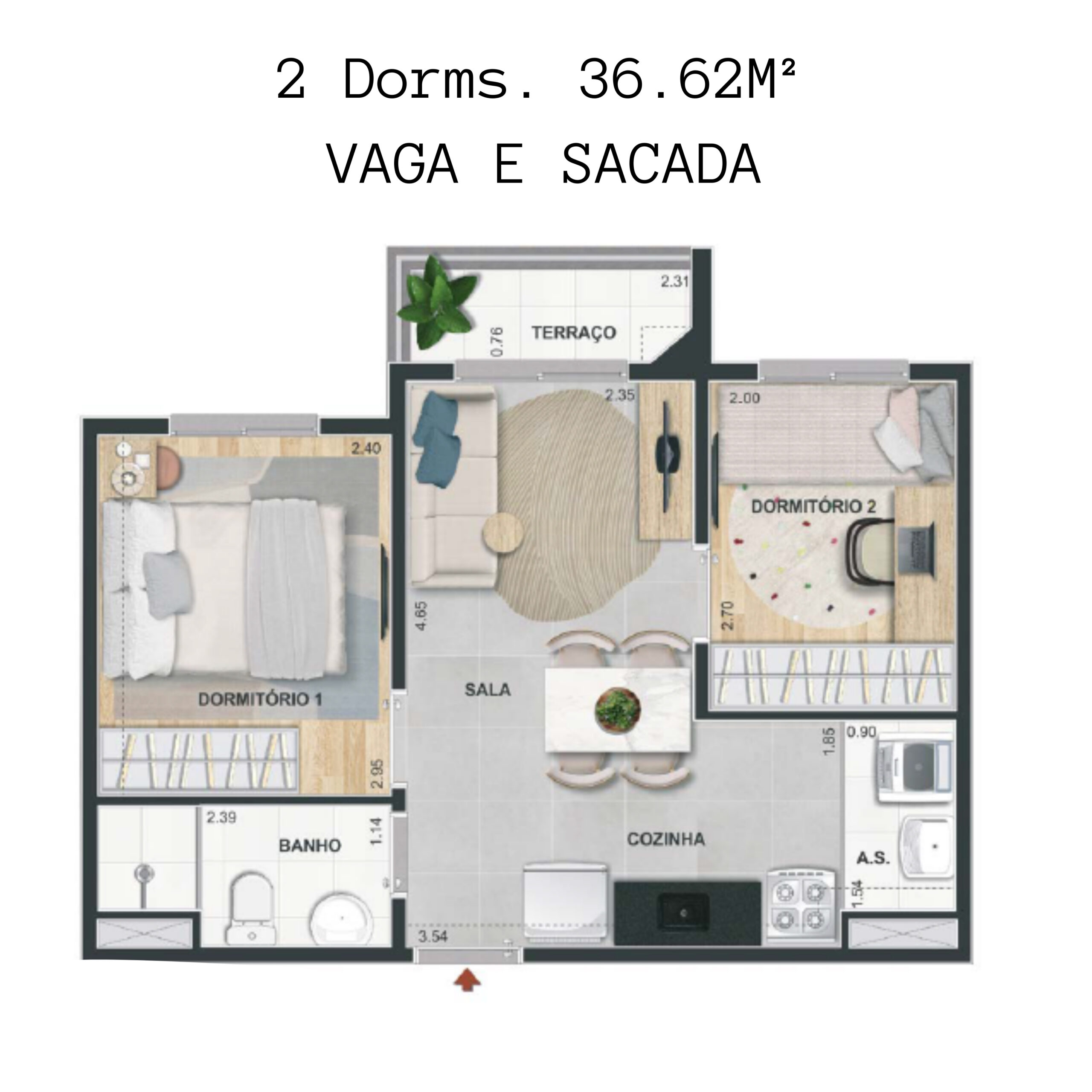 36.62m² vaga e sacada