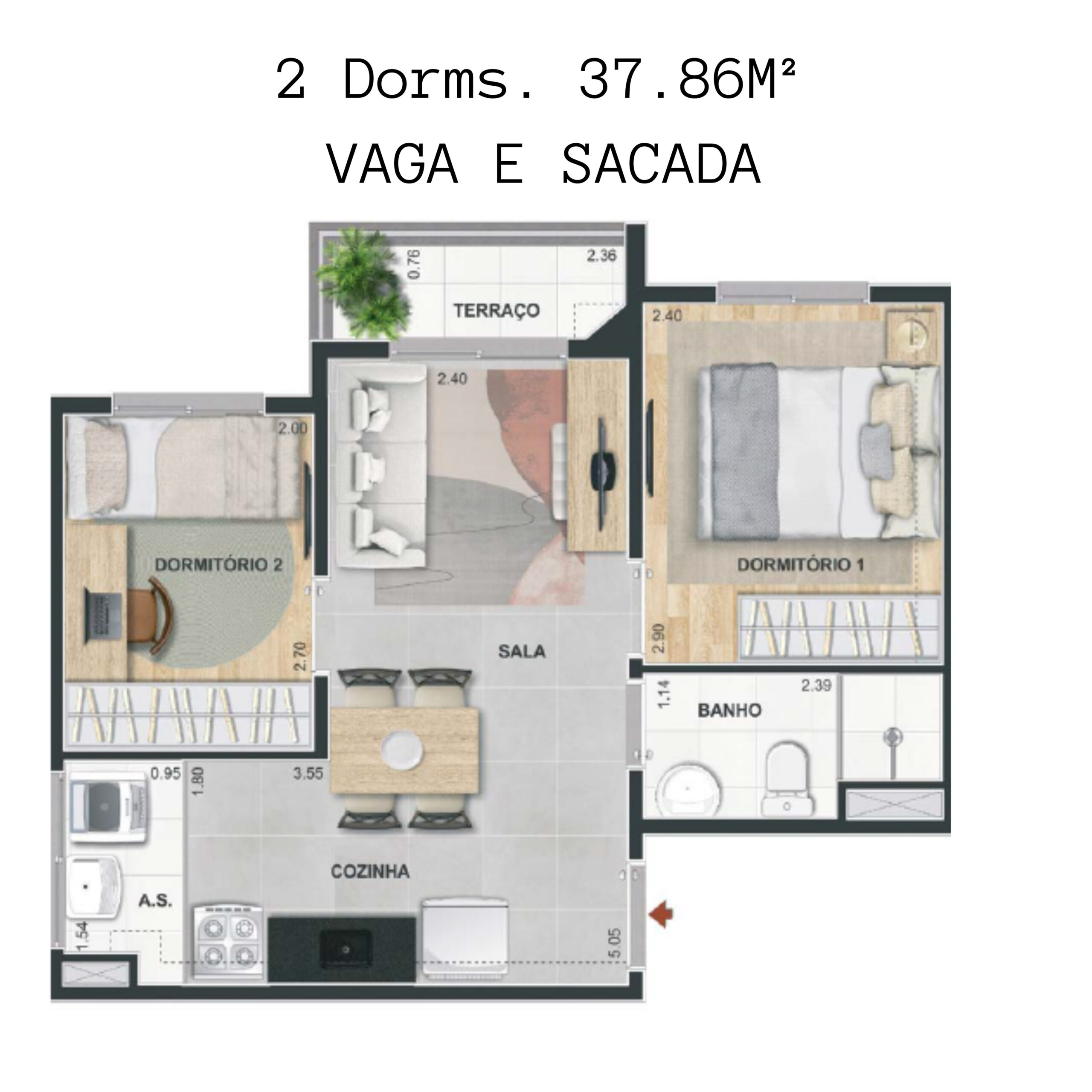 37.86m² vaga e sacada