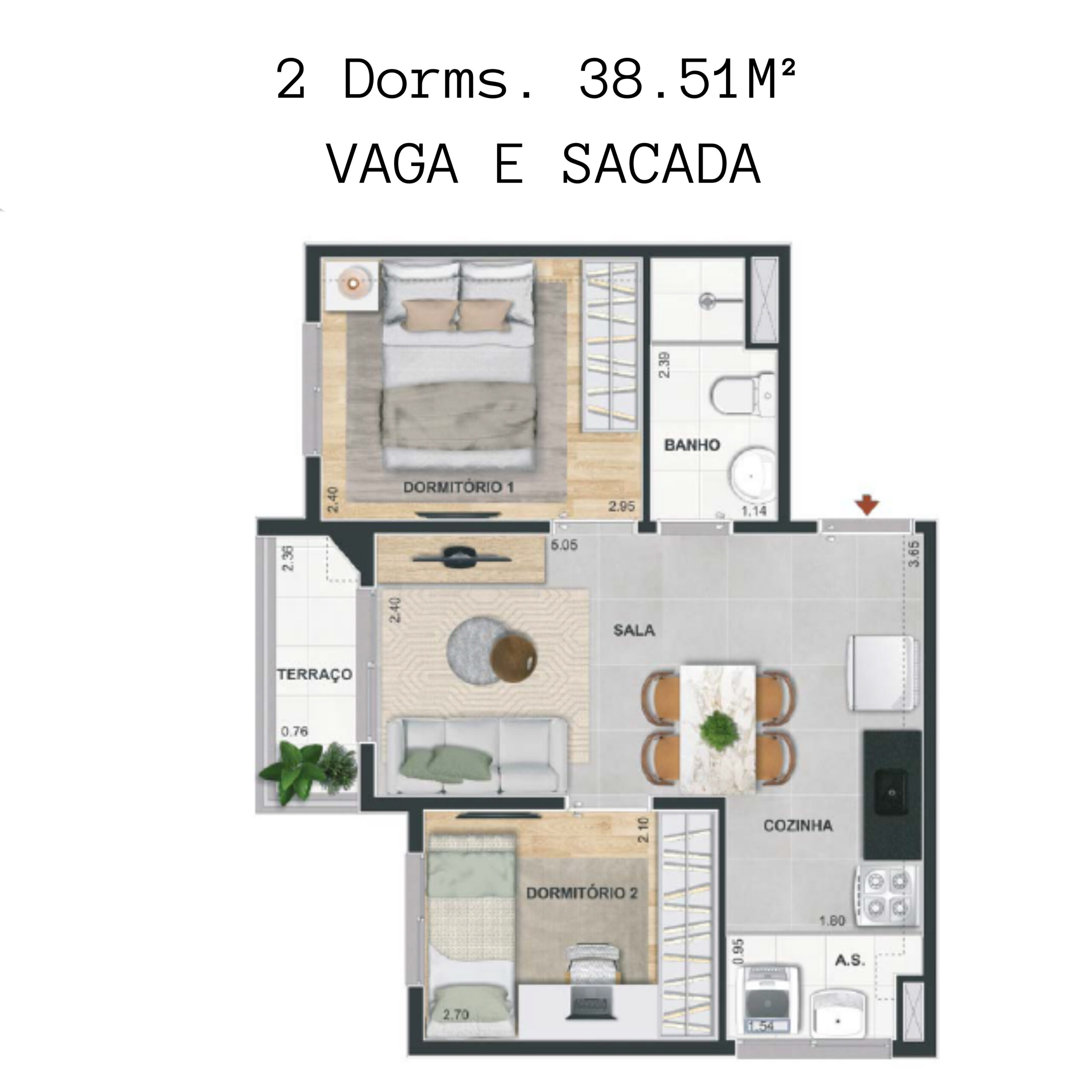 38.51m² vaga e sacada
